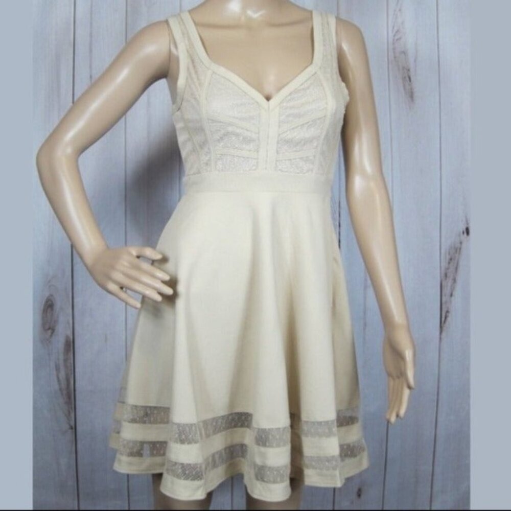 NWT Maniju Fit & Flare Mini Dress Small Beige Sweetheart Dot Mesh Sleeveless NEW